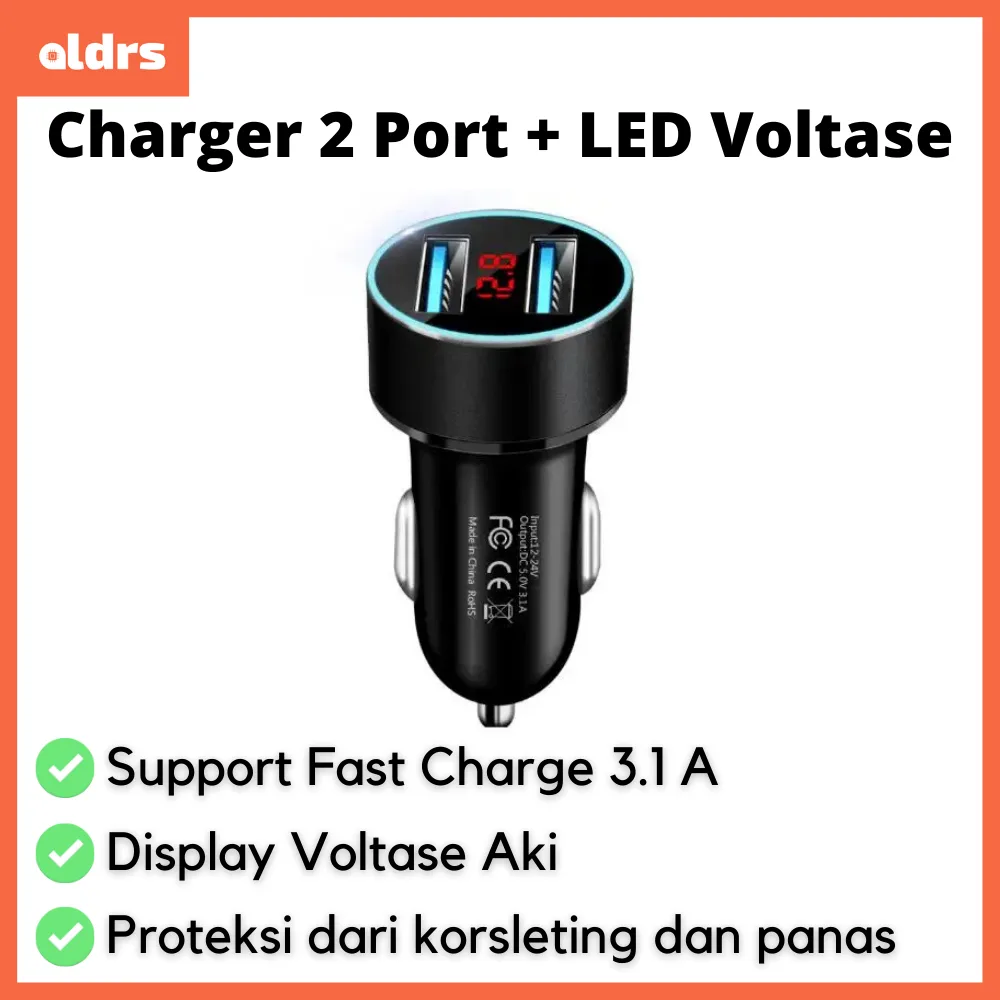 Charger Mobil 2 Port + LED Voltmeter